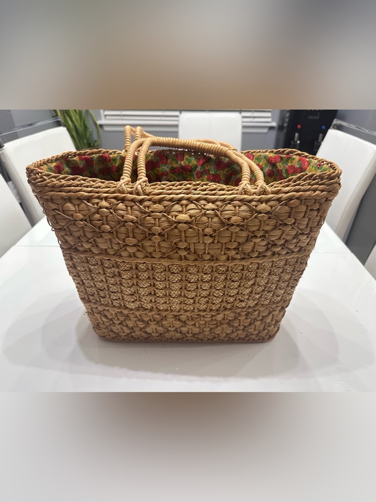 Vintage Handbags - Vintage Handwoven Straw Market Basket Tote Bag Floral Lined Boho